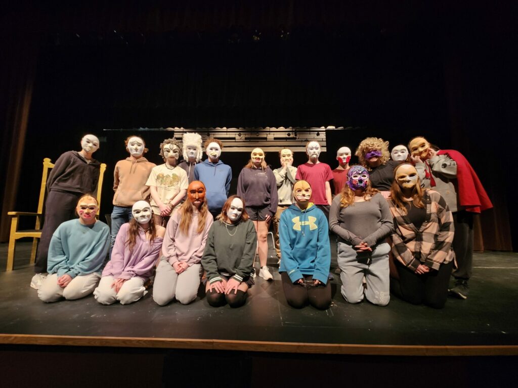 Alexandria Area High School Acting and Improvisation students are shown in their Commedia dell'arte masks, which they made with materials purchased with the Alexandria Education Foundation Adopt A Classroom Grant. Their lesson was part of a History of Theatre unit. Students created masks and wrote mini-Commedia dell'arte plays, which they presented to their peers.